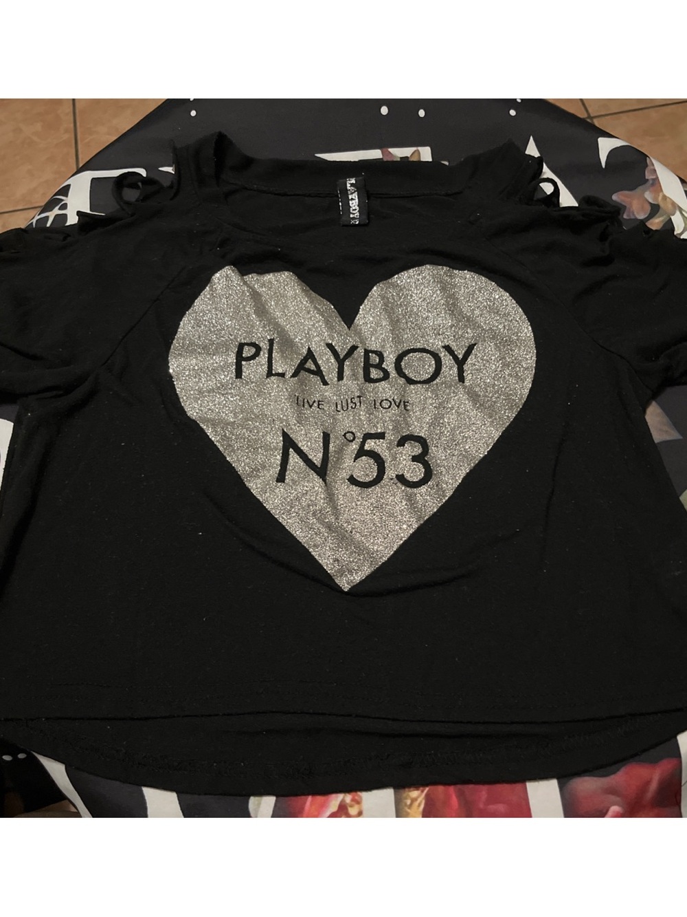 PLAYBOY Black Crop Top with Silver Glitter Heart N°53